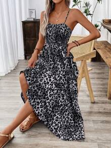 Breezaya 女式夏季豹纹 V 领无袖高腰中长连衣裙，性感时尚 - 灰色 - 查看 3