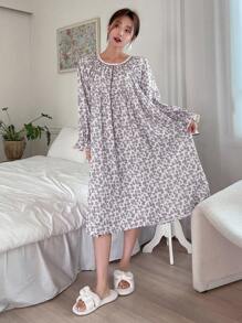 DAZY Floral Lace Ruched Detail Loose Nightgown Pajama - Beige - View 5