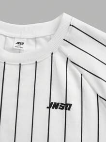 SHEIN Tween Boy Striped Printed Knit T-Shirt & Colorblock Drawstring Shorts 2pcs/Set