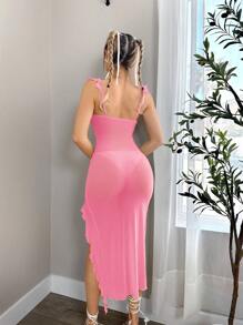 Sweetina Váy xẻ tà viền xù màu vàng nhạt mùa hè dành cho nữ - Màu Hồng Tươi - Xem 2