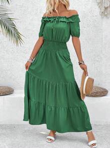 Breezaya Vestido de unicolor con hombros descubiertos, volantes escalonados y cintura ceñida - Verde - Ver 1