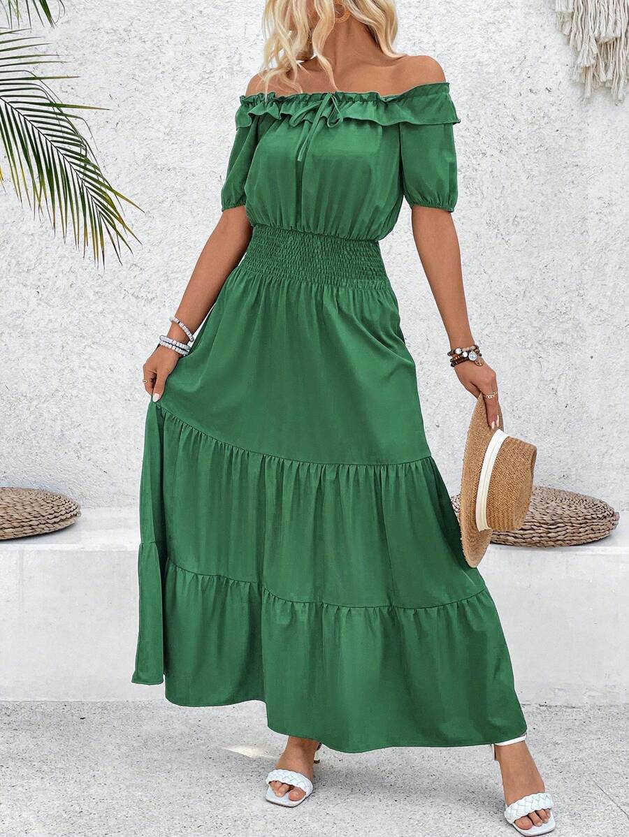 Breezaya Vestido de unicolor con hombros descubiertos, volantes escalonados y cintura ceñida - Verde - Ver 1