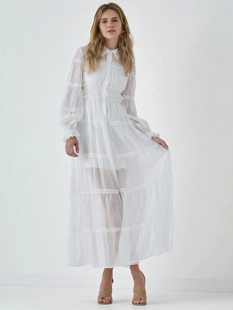 Vestido longo com manga longa e sólido, Vestido camisa elegante para primavera e verão