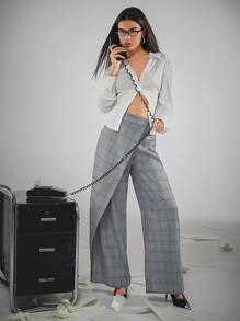 Hauture Plaid Fold Asymmetrical Wide Leg Pants - Black and White - View 6