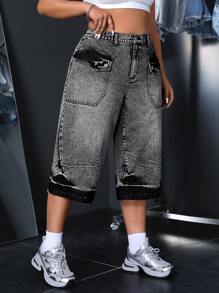 SHEIN ICON 大码夏季休闲牛仔裤，带口袋和纽扣 - 灰色 - 查看 5