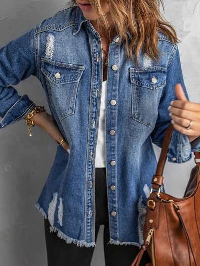 Chaqueta vaquera con flecos minimalista y desgastada para mujer, de uso casual en primavera