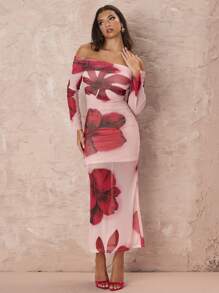 SHEIN X  Ignacia Antonia Glamine Off-Shoulder Floral Print Fitted Dress, Casual/Resort