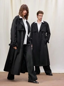 Manfinity VCAY Men's Woven Casual Long Loose Trench Coat For Spring & Autumn, Couple Matching, Going Out