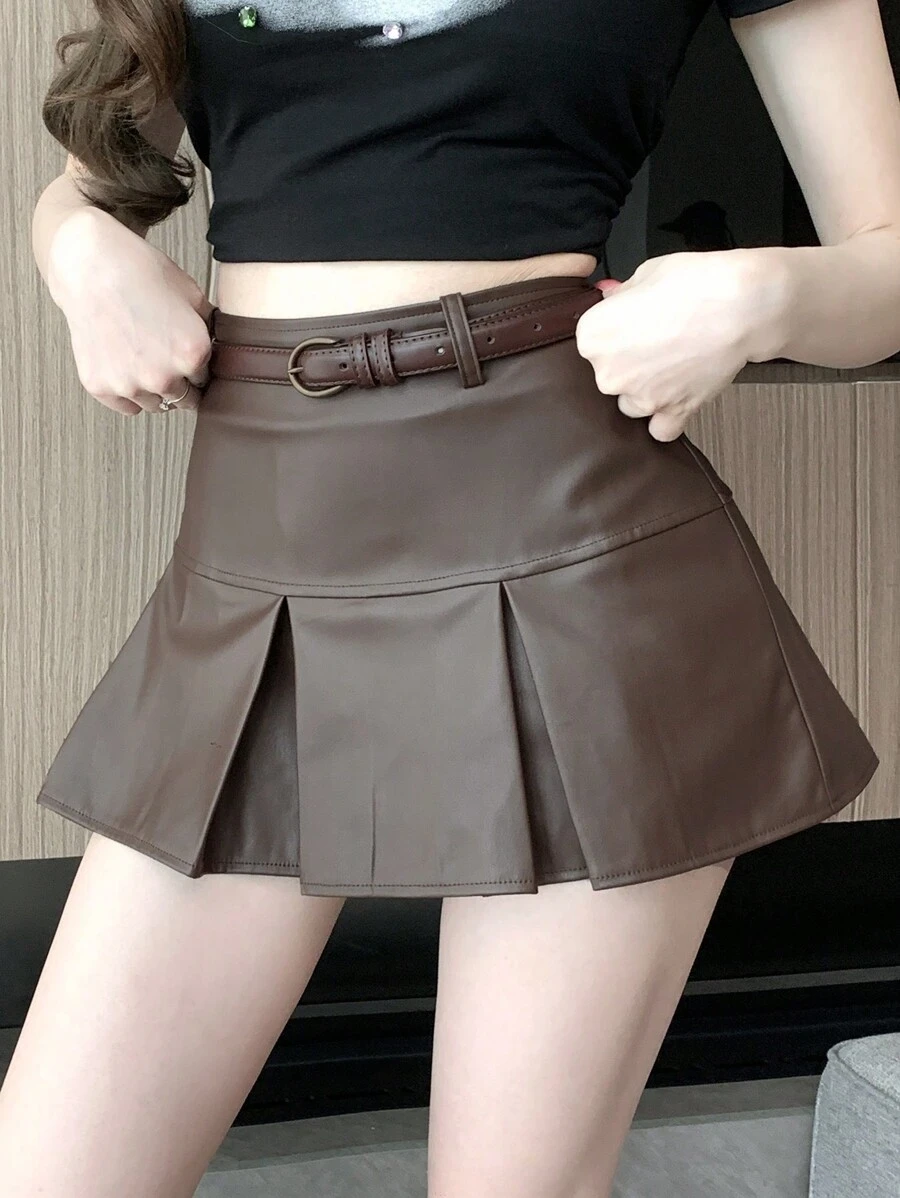 DAZY Váy bút chì PU đơn giản, màu trơn, thường ngày cho nữ, váy da, váy thu - màu nâu - Xem 1