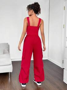 SHEIN Leap Crew 2 件套青少年女孩针织纯色背心，带贴袋和宽松褶皱阔腿裤休闲装 - 紅色 - 查看 2