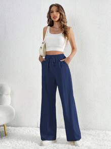 SHEIN Tall Quần dài thời trang đường phố thiết kế đa năng cho nữ kiểu dáng đơn giản có dây rút - Xanh đậm - Xem 4