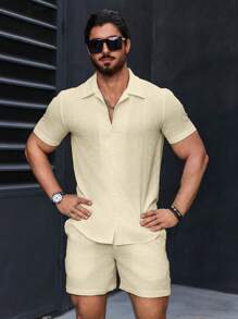 Manfinity Homme 2 piezas Conjunto de Top de manga corta con botones y pantalones cortos minimalistas de un solo color para hombre - Amarillo - Ver 5