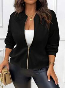 Calvaya Plus Size Casual Solid Color Black Lightweight Jacket, Spring/Fall Winter Autumn - Black - View 4