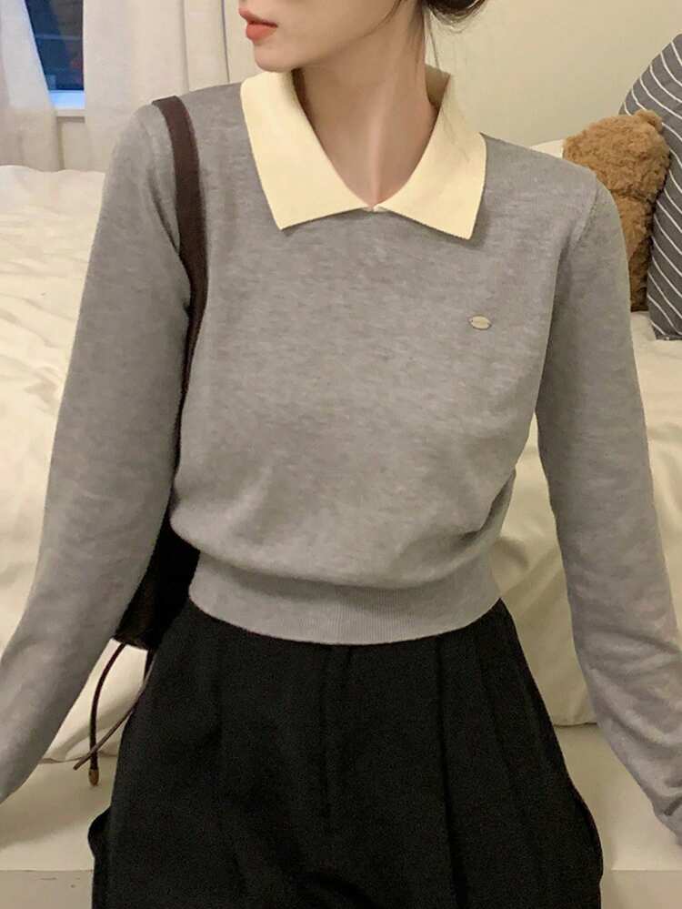 韓国風ポロカラー 秋冬新作クロップトップ、薄手トップス、カラーブロック、長袖レディーススウェター - グレー - 見る 4