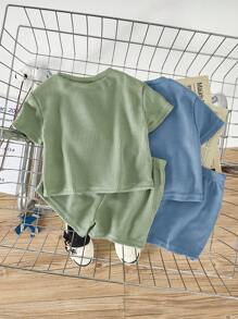 Baby Boy 4pcs Hazy Blue And Mint Green Solid Color Raglan Loose Sweatshirt And Casual Shorts Set - Multicolor - View 2