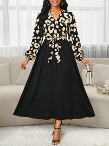 SHEIN Lady Autumn And Winter Office Dress Elegantblack Woven V-Neck Mid-Length Sleeve Leopard Abstract Print 2 In 1 Mid-Length Dress - Multicolor - View 5