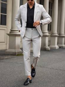 Manfinity Mode Men's Lapel Neck Button Front Long Sleeve Top And Pockets Long Pants Suit Set - Khaki - View 1