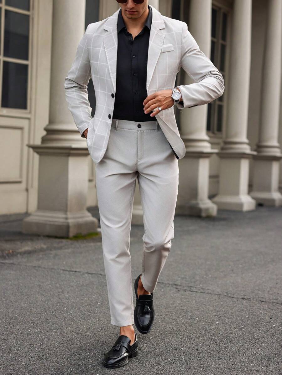 Manfinity Mode Men's Lapel Neck Button Front Long Sleeve Top And Pockets Long Pants Suit Set - Khaki - View 1