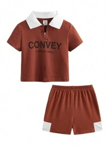 SHEIN Set di polo a maniche corte a righe multicolore con lettere sulla soffice maglia a trama grossa e pantaloncini a vita elastica, adatti per l"estate, per neonati maschi e femmine.