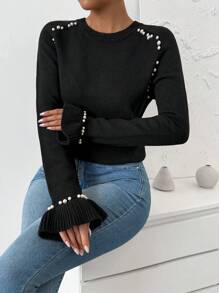 SHEIN Unity Women's Beaded Ruffled Sleeve Pullover Sweater, Knit Pullover Fall Winter - Black - View 6