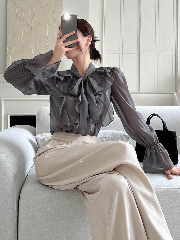 Women's Solid Color Tie Collar Bowknot Ruffle Trim Long Sleeve Blouse,Long Sleeve Tops,Fall Clothes