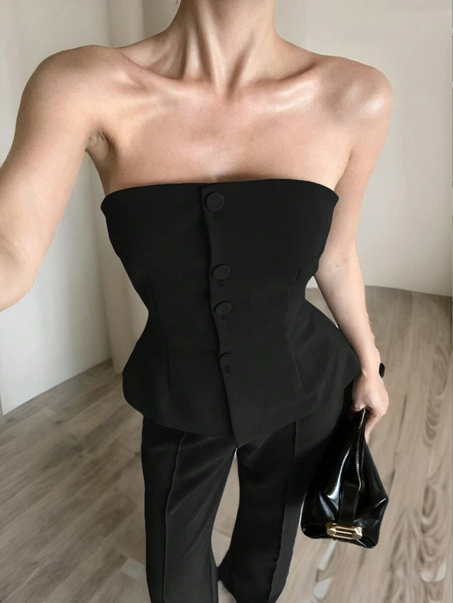 SHEIN EZwear 1 Stück Damen Schwarze Gewebte Tube Top Bürokleidung Bluse (Hose nicht enthalten) für Herbst/Winter