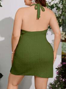 Flirla Crochet Floral Pattern Split Maxi Sweater Dress Plus Size - Army Green - View 2