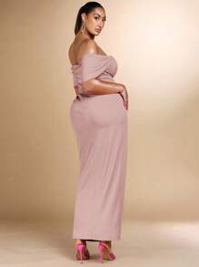 SHEIN BAE Plus Size Women's Summer Fashion And Elegant Party Inverted Pleated One-Shoulder Solid Black Stretch Knit Slit Long Dress
