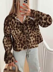 Chiquease Women's Elegant Fashionable Leopard Print Puff Sleeve Front Tie Long Sleeve Blouse - Multicolor - View 1