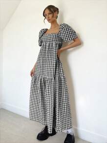 Siren Gaze 女士彩色格子泡泡袖夏季连衣裙夏威夷连衣裙飘逸连衣裙乡村连衣裙夏季女士连衣裙方格连衣裙 - 黑與白 - 查看 3