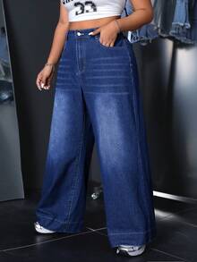 SHEIN ICON Jeans anchos de uso diario casual de talla grande - Azul lavado oscuro - Ver 3