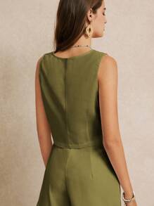 Poéselle Mùa hè, mùa cưới, áo vest không tay cổ chữ V dáng suông tối giản màu trơn phong cách boho chic với chi tiết cúc trang trí, thanh lịch, lãng mạn, dễ thương, mùa hè, mùa cưới. - xanh quân đội - Xem 4