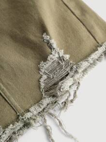 SHEIN Teen Girl Button Belt Loop Ripped Denim Skirt - Army Green - View 4