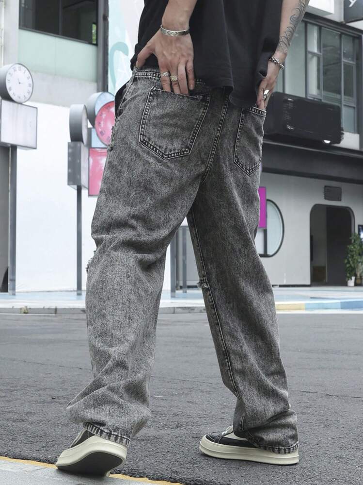 Manfinity LEGND Denim Denim Masculinos Desgastados Simples para Uso Diário - Cinza - Visão 2