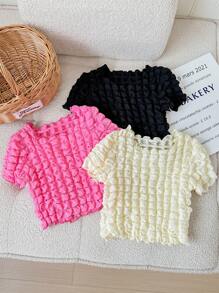 SHEIN 3 件套少女纯色针织泡泡雪纺圆领 T 恤