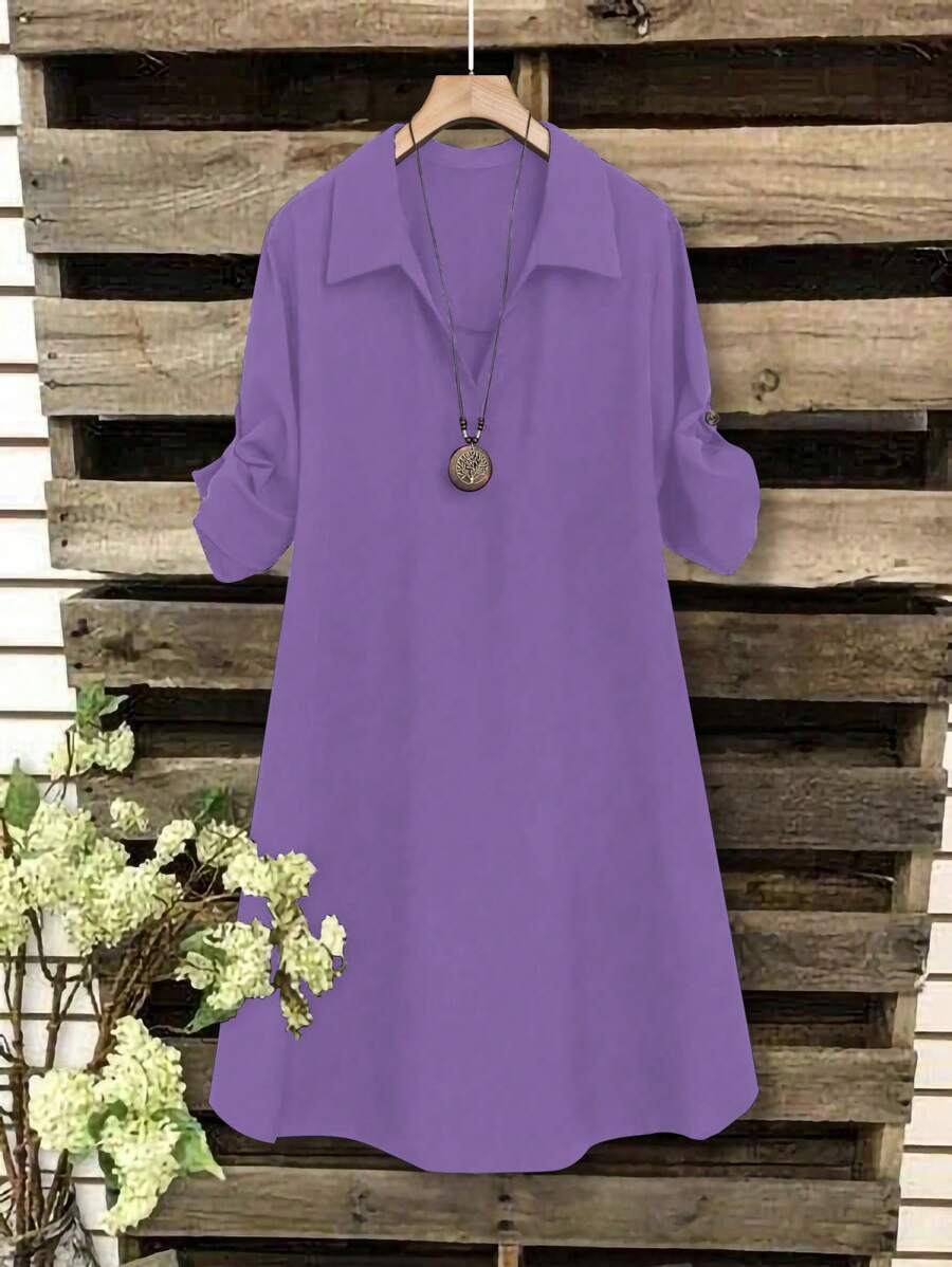 EMERY ROSE Plus Size Women's Solid Color Simple Casual Collared Dress - Purple - View 1