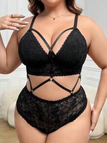 1 pièce Body sexy avec patchwork en dentelle, grande taille - Noir - Voir 3