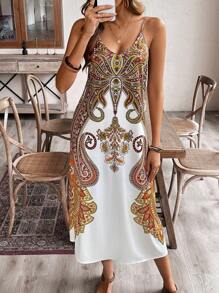 SHEIN LUNE Women's Bohemian Style Printed Spaghetti Strap Dress Maxi Women Outfit - White - View 4