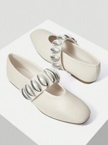 MOTF PREMIUM WOMEN'S FASHIONABLE SILVER DECORATIVE FLAT SHOES, FOR NEW YEAR HOLIDAY, SPRING SHOES SPRING BREAK EASTER - Beige - View 6