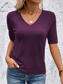 SHEIN Clasi Short Sleeve Solid Color Knitted Casual Top, Spring/Summer - Red Violet - View 3
