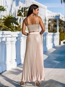 Zolique Top tipo cami sólido plisado y falda plisada para fiesta de cena - Albaricoque - Ver 2