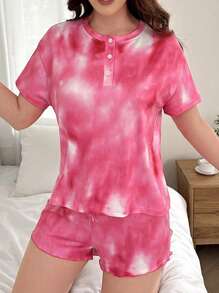 Tie Dye Print Half-Zip Short Sleeve Top And Shorts Pajama Set