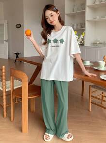 DAZY Simple Star & Letter Print Short Sleeve Top And Solid Color Pants Loungewear Set Pajama - Green - View 4