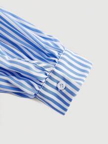 SHEIN MOD Camisa a rayas azul y blanca con cintura en la solapa, ropa de mujer, ropa de mujer para otoño, camisas de manga larga de vuelta al colegio para maestras, camisas de abotonadura, camisas azul claro, camisas a rayas, blusas lindas - Azul y blanco - Ver 4