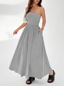 SHEIN EZwear 條紋印花斜口袋筒型中長裙 - 黑與白 - 查看 4