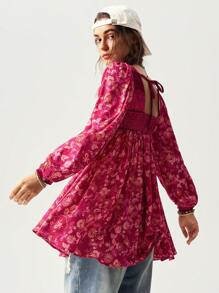 Bohemela Women's Floral Print Long Sleeve Mini Dress For Vacation, Autumn