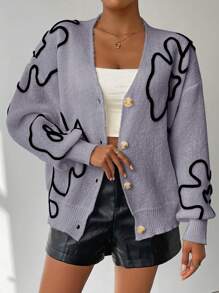 Chiquease Damen Langarm Lässig Strickjacke mit Blume Muster, Herbst & Winter - Grau - Übersicht 5