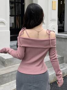 DAZY 女士露肩系带长袖休闲柔软T恤，秋季服装 - 粉色 - 查看 2