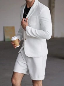 Calvornis 2 件套男士纯色单排扣长袖西装外套和短裤夏季休闲套装 - 白色 - 查看 8