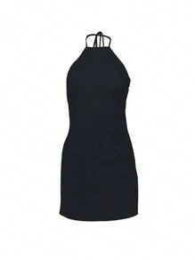 INAWLY Women's Solid Color Halter Neck Backless Summer Sexy Sleeveless Short Dress - Black - View 5
